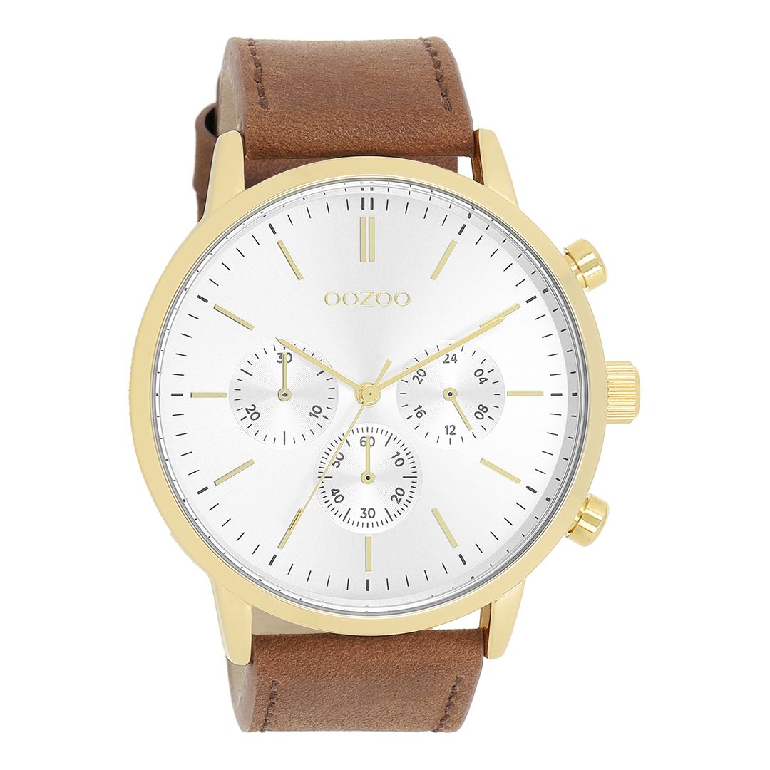 Gold coloured OOZOO watch with brown leather strap - C11201