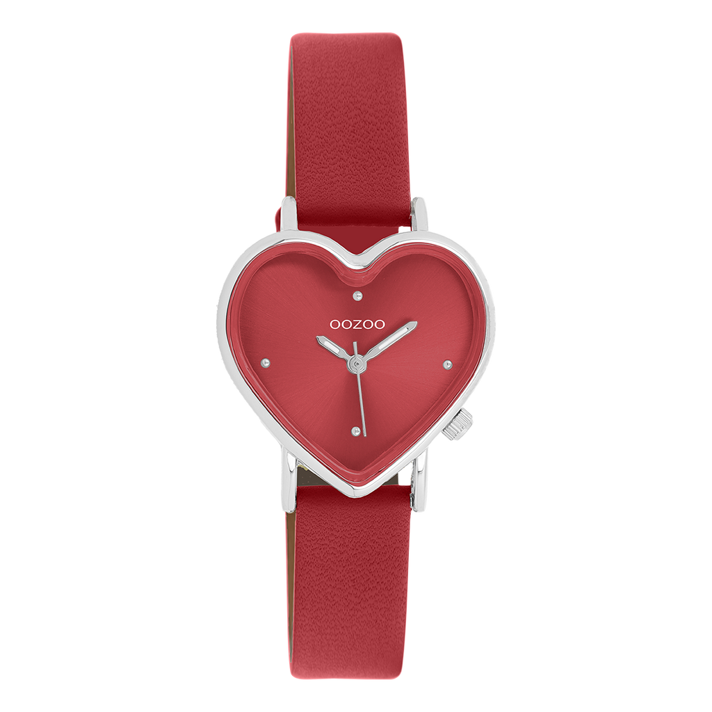 Silver coloured OOZOO watch with red leather strap - C11448