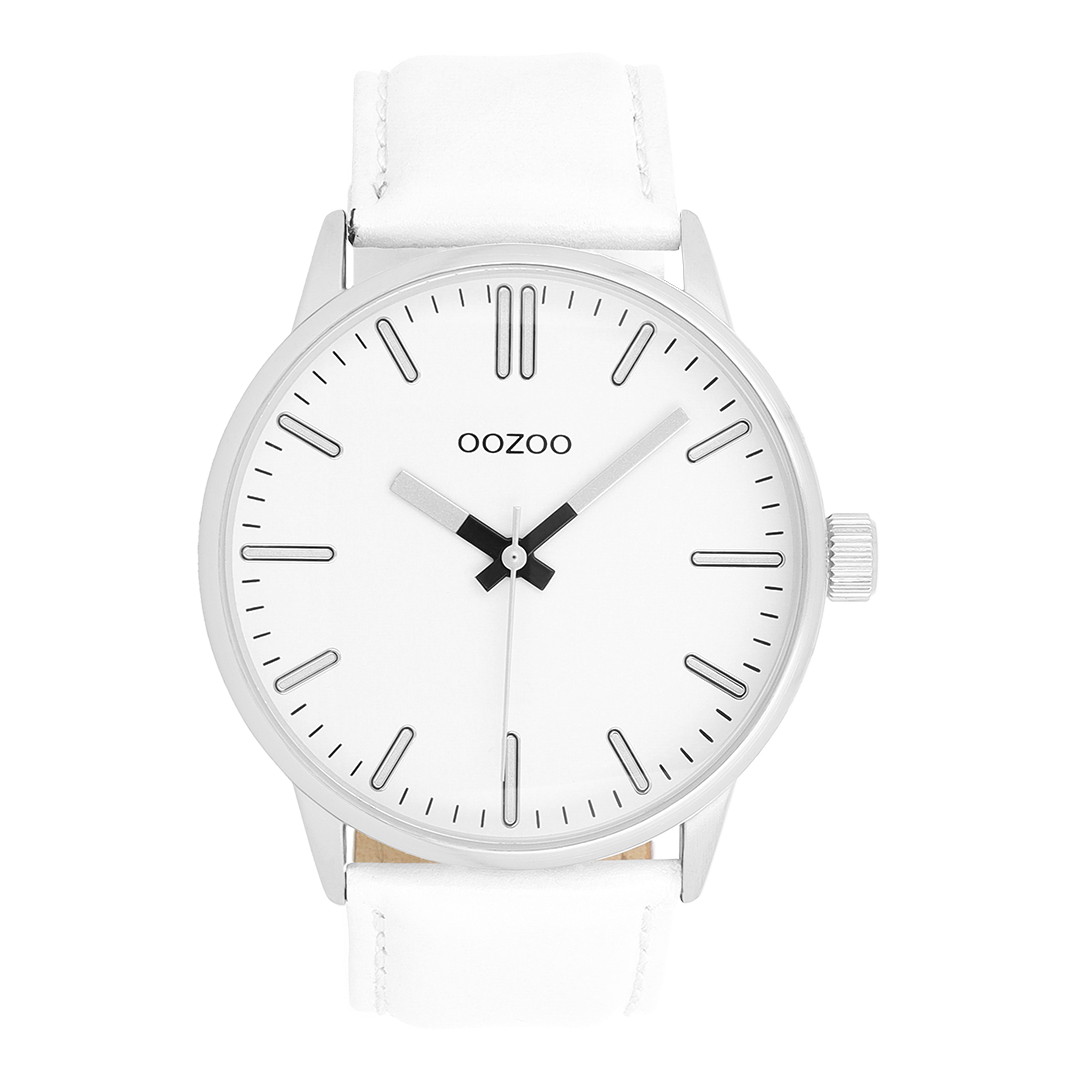 Silver coloured OOZOO watch with white leather strap - C11512