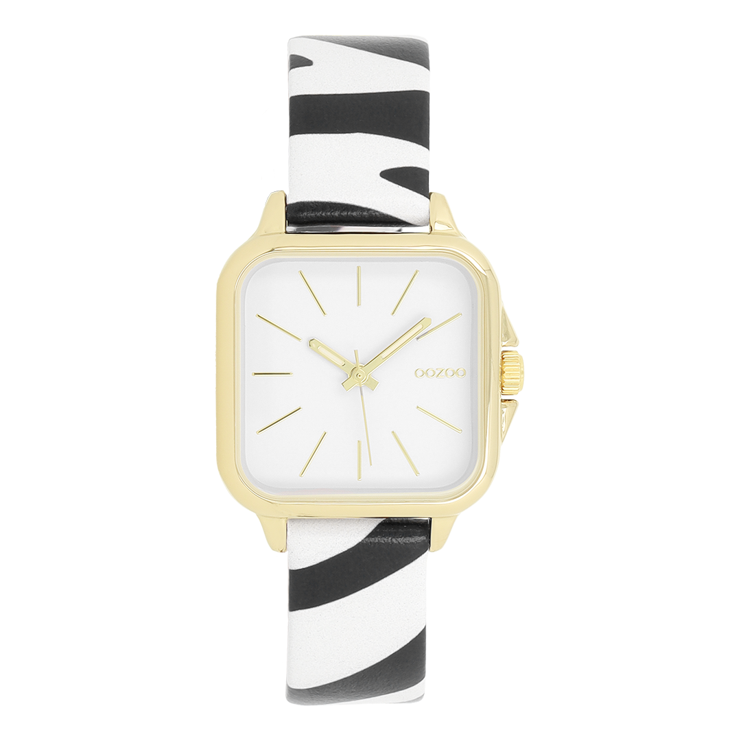 Gold coloured OOZOO watch with black/white leather strap - C11610