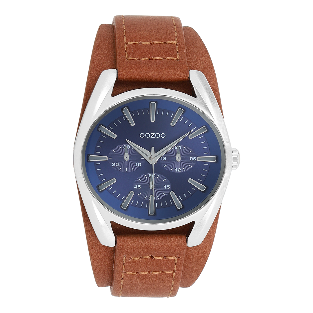 Silver coloured OOZOO watch with middle brown leather strap - C11702