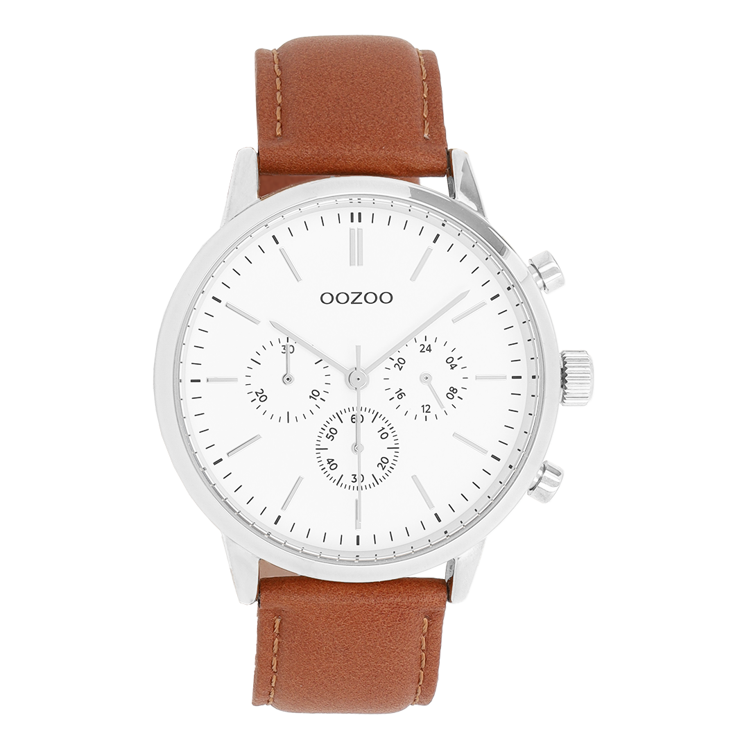 Silver coloured OOZOO watch with brown leather strap - C11705