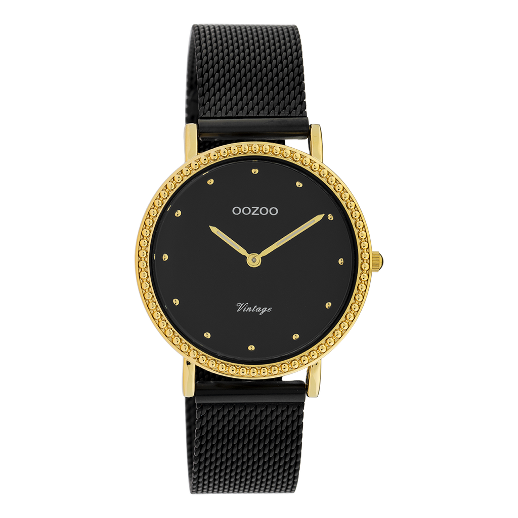 Gold coloured OOZOO watch with black metal mesh bracelet - C20058