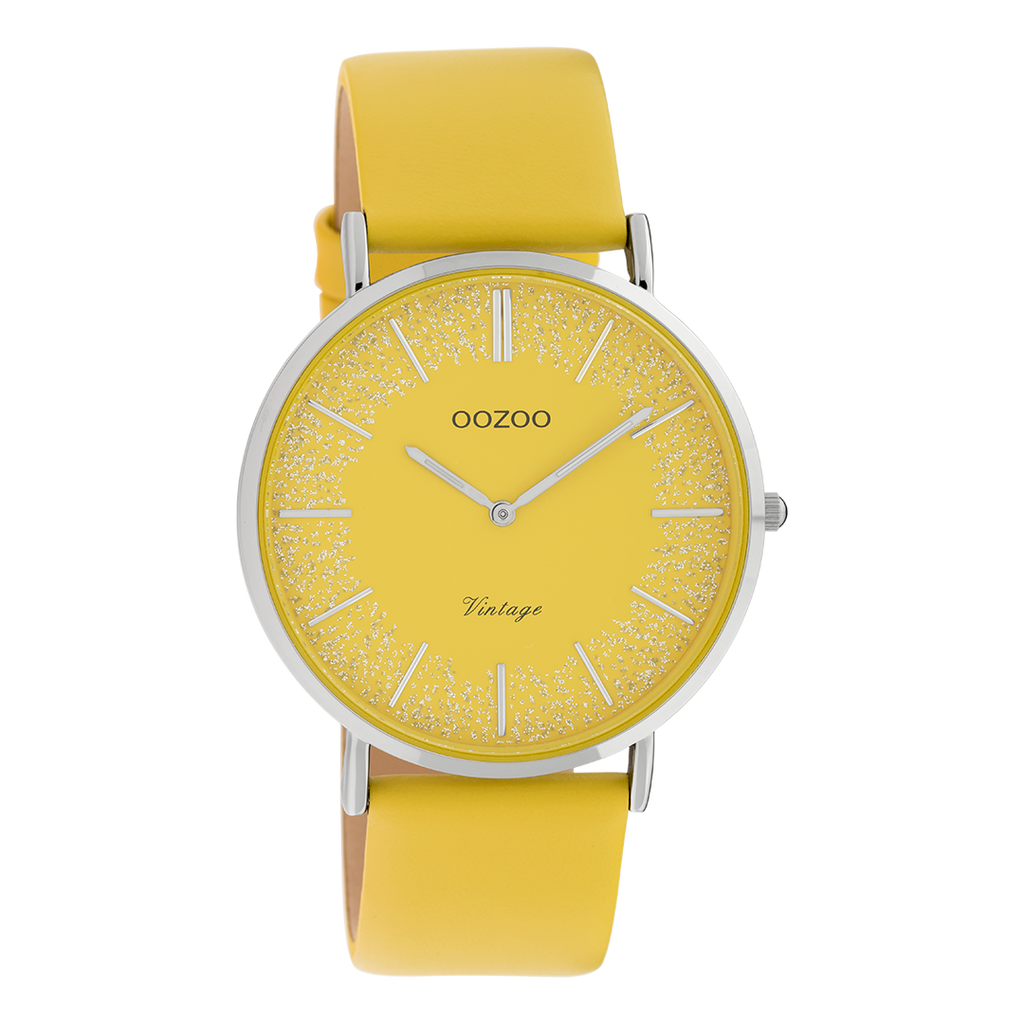 Silver coloured OOZOO watch with mustard yellow leather strap - C20128