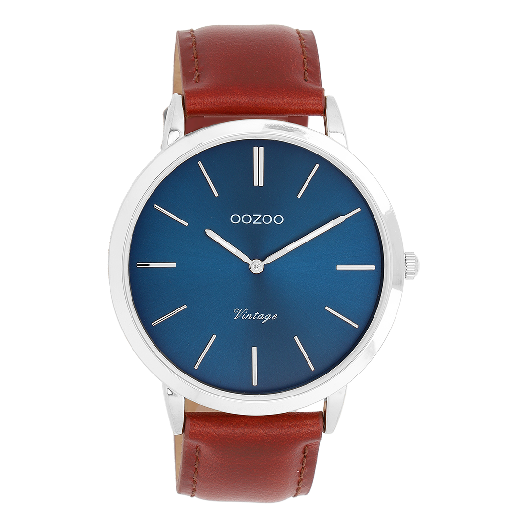 Silver coloured OOZOO watch with brown leather strap - C20387