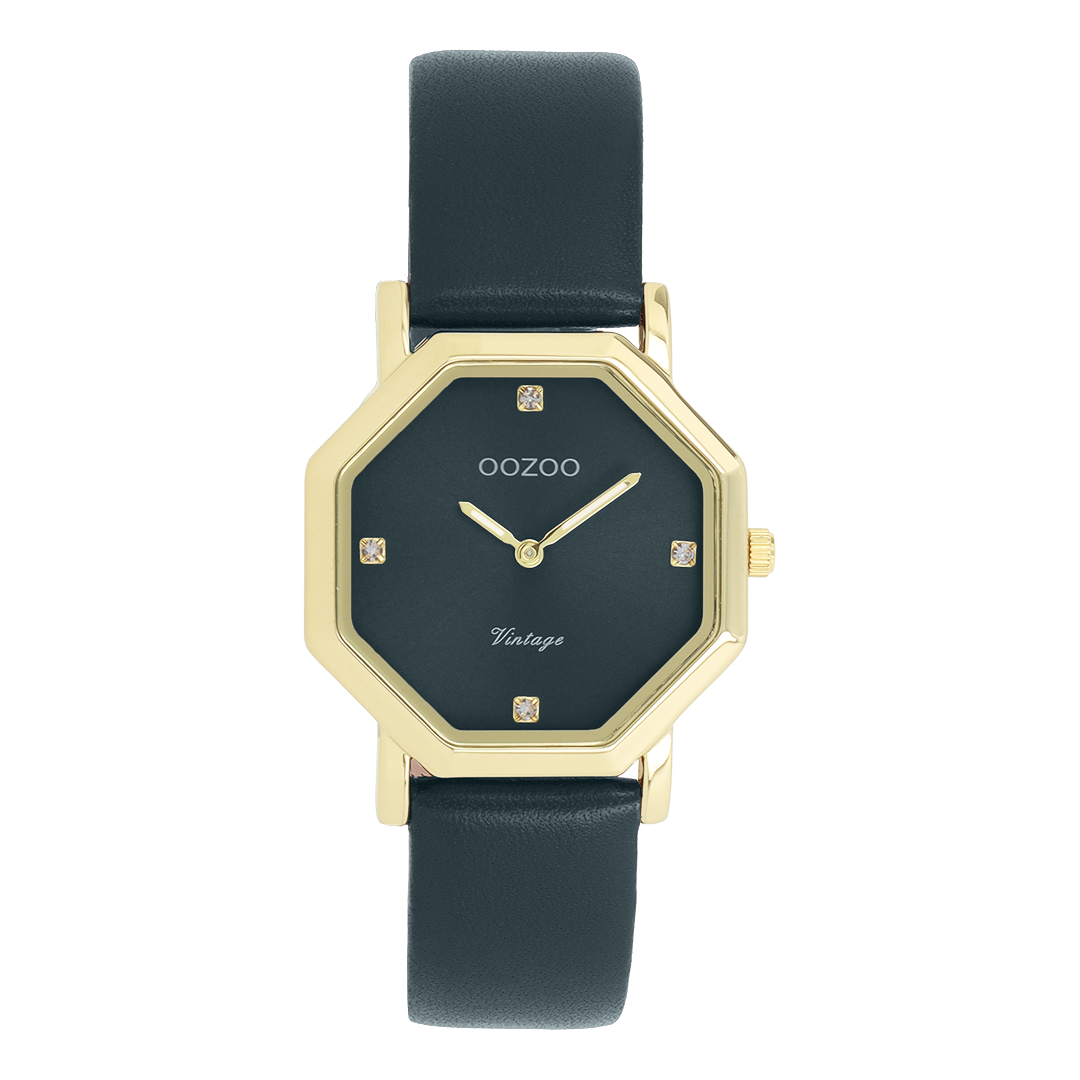 Gold coloured OOZOO watch with dark green leather strap - C20476