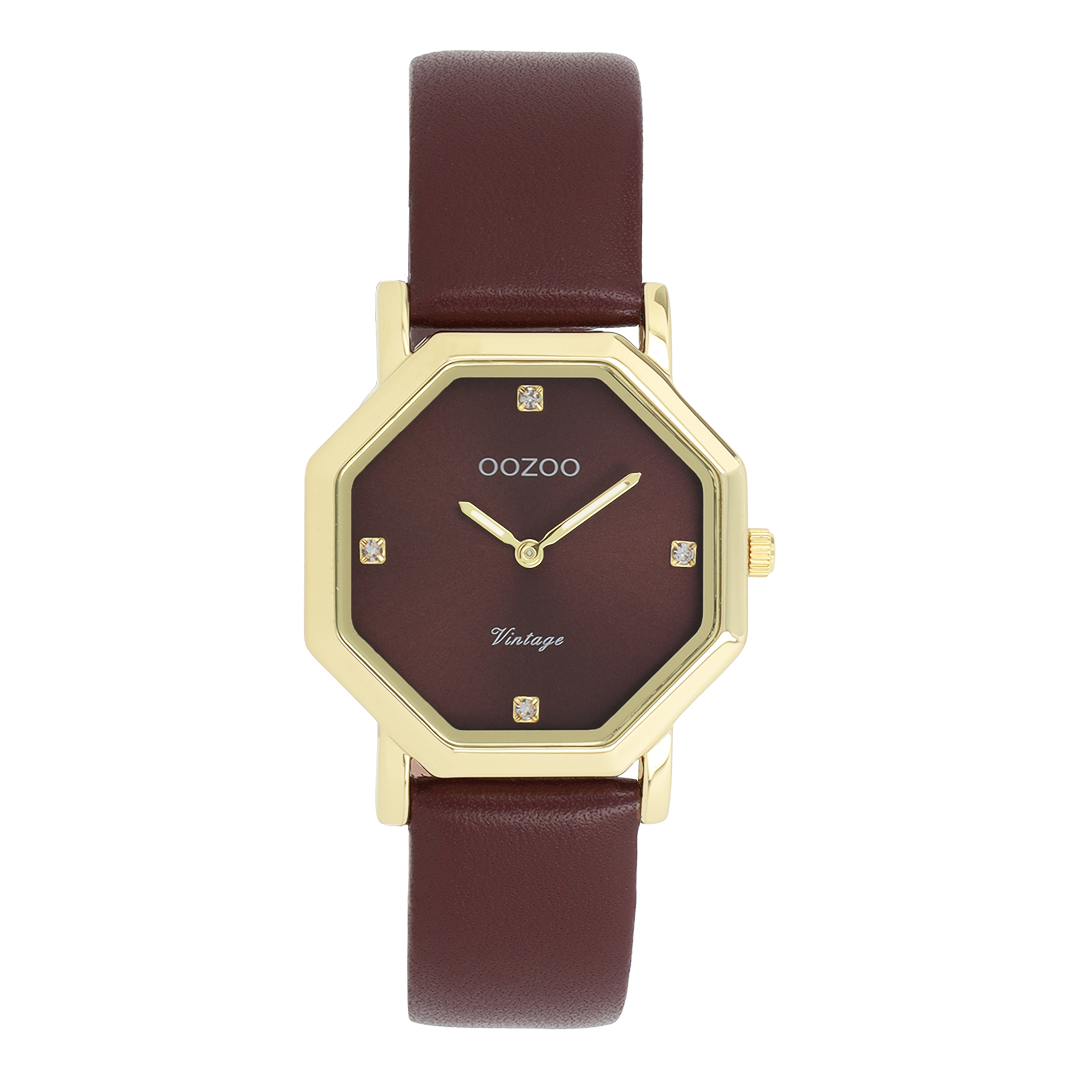 Gold coloured OOZOO watch with bordeaux leather strap - C20477