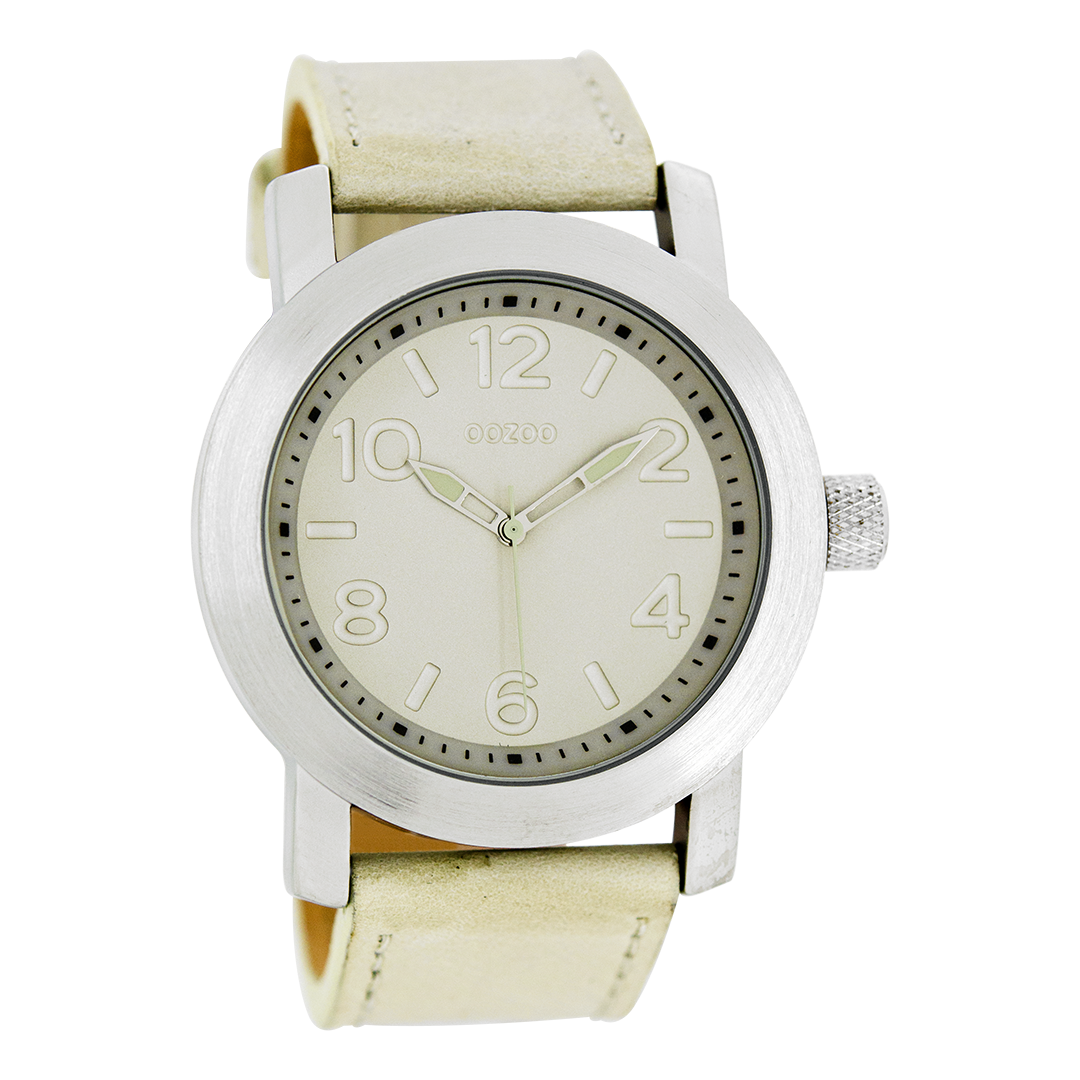 Silver coloured OOZOO watch with beige leather strap - C5150
