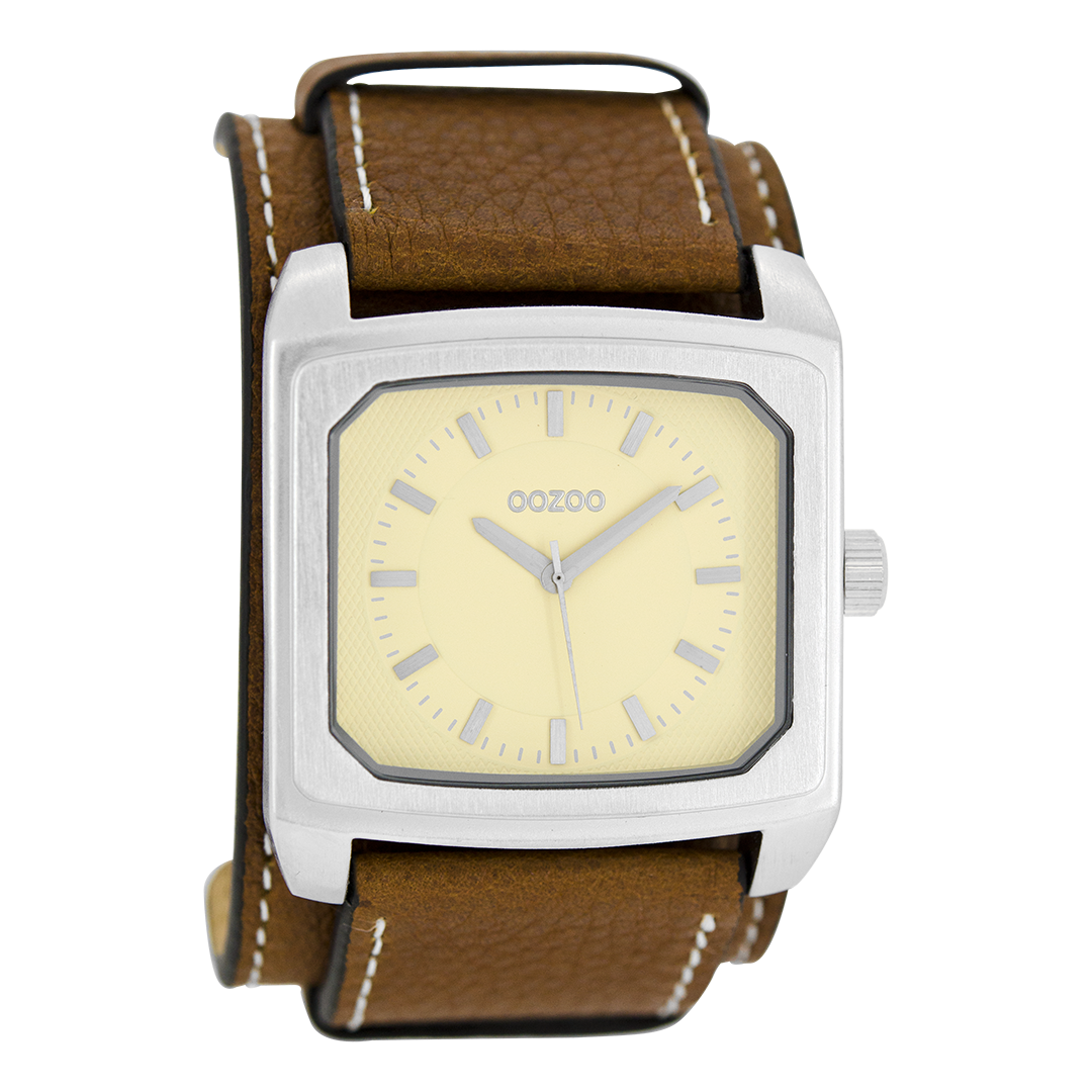 Silver coloured OOZOO watch with cognac leather strap - C5211