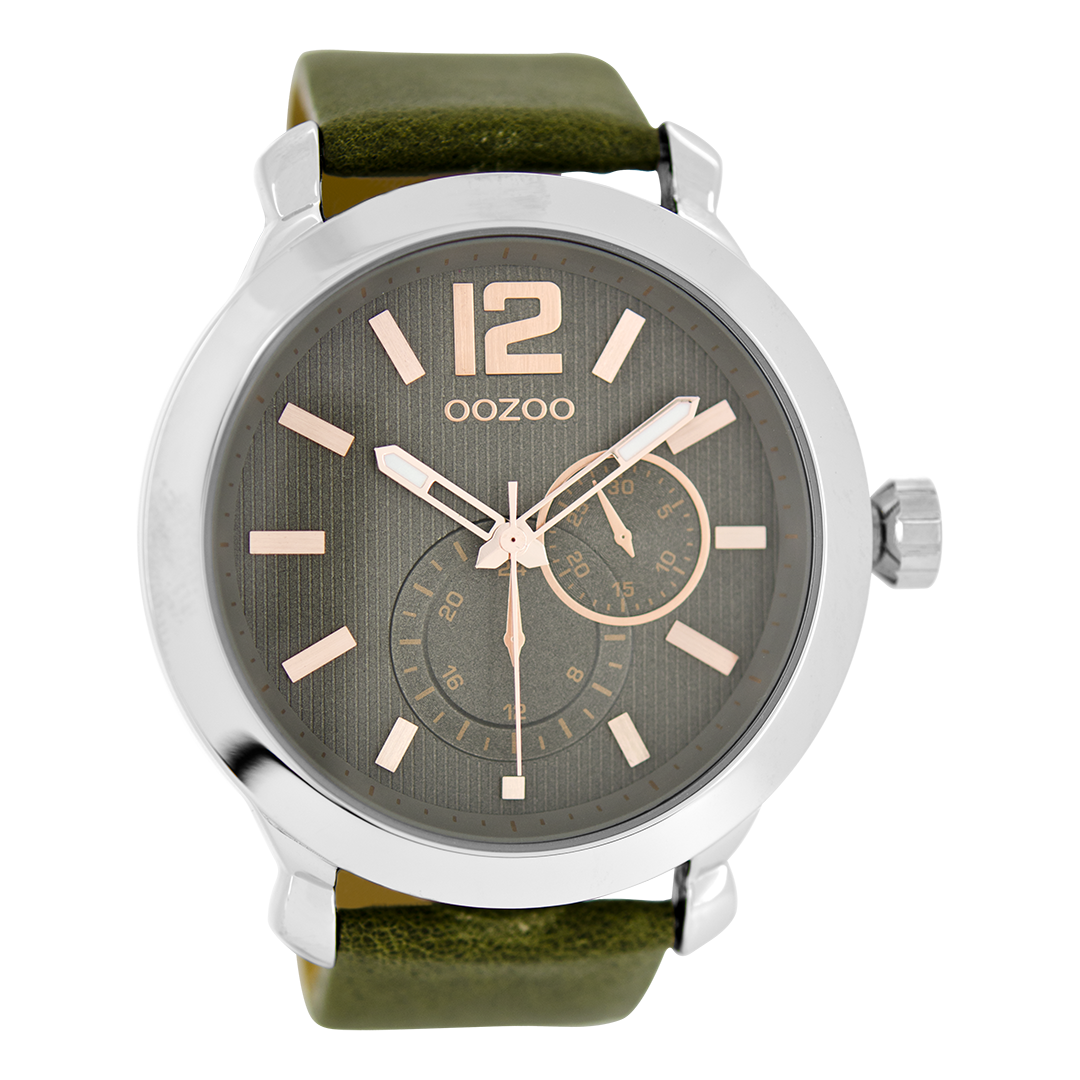 Silver coloured OOZOO watch with green grey leather strap - C6077