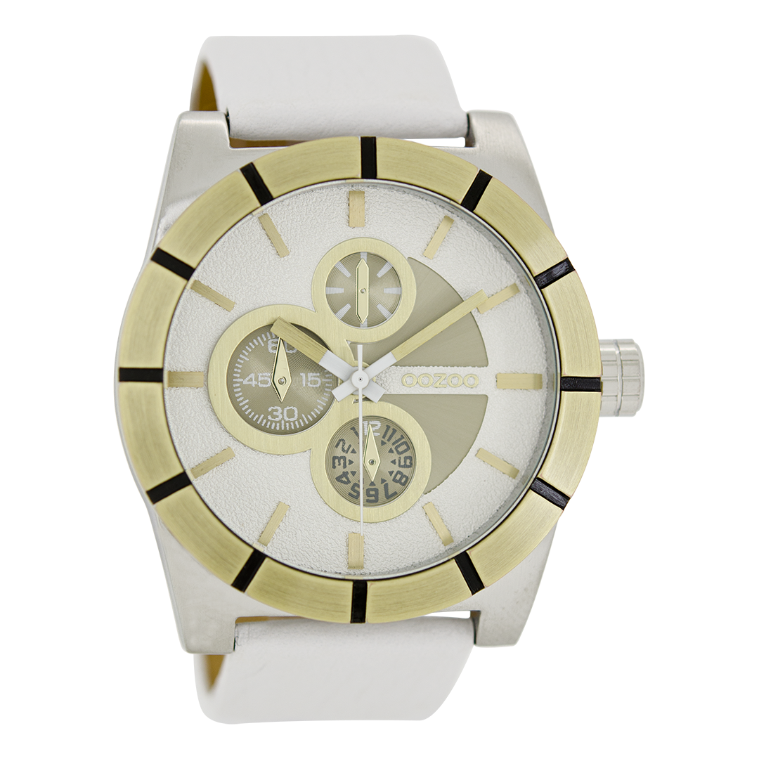 Silver coloured OOZOO watch with white leather strap - C6430