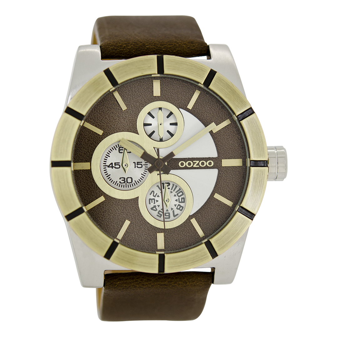 Silver coloured OOZOO watch with dark brown leather strap - C6433