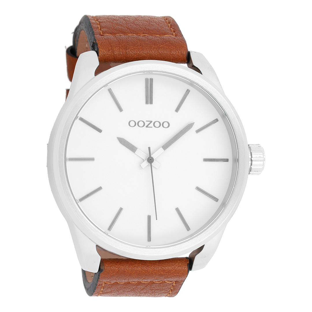 Silver coloured OOZOO watch with cognac leather strap - C7070