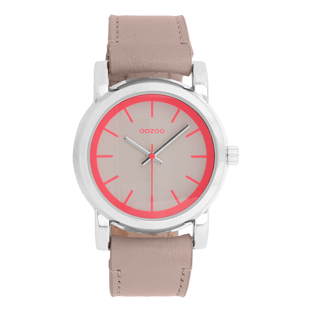 Silver coloured OOZOO watch with pink grey leather strap - C7183