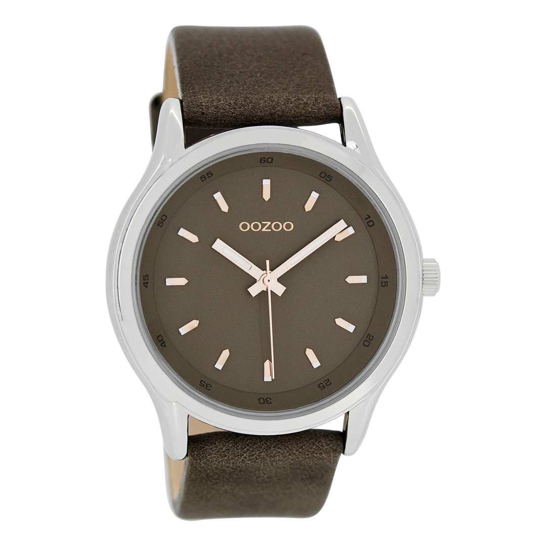 Silver coloured OOZOO watch with dark brown leather strap - C7439