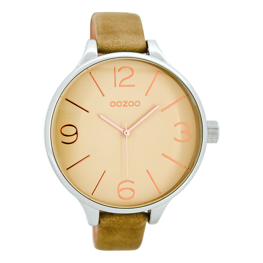 Silver coloured OOZOO watch with sand leather strap - C7965