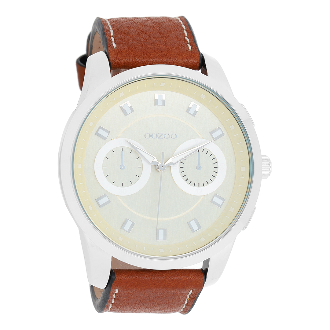 Zilverkleurige OOZOO horloge met cognac leren band - C8206