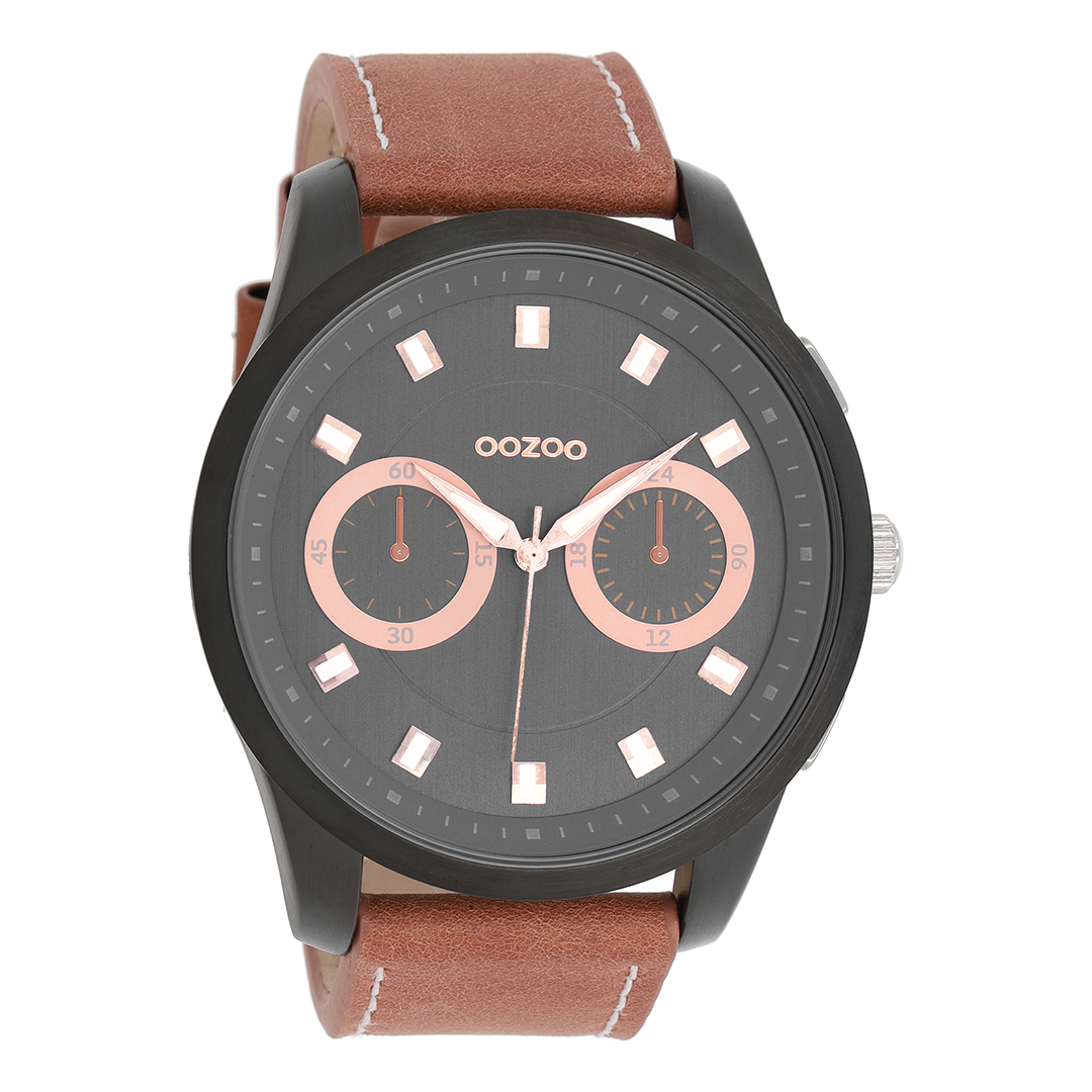 Zwarte OOZOO horloge met bruine leren band - C8208