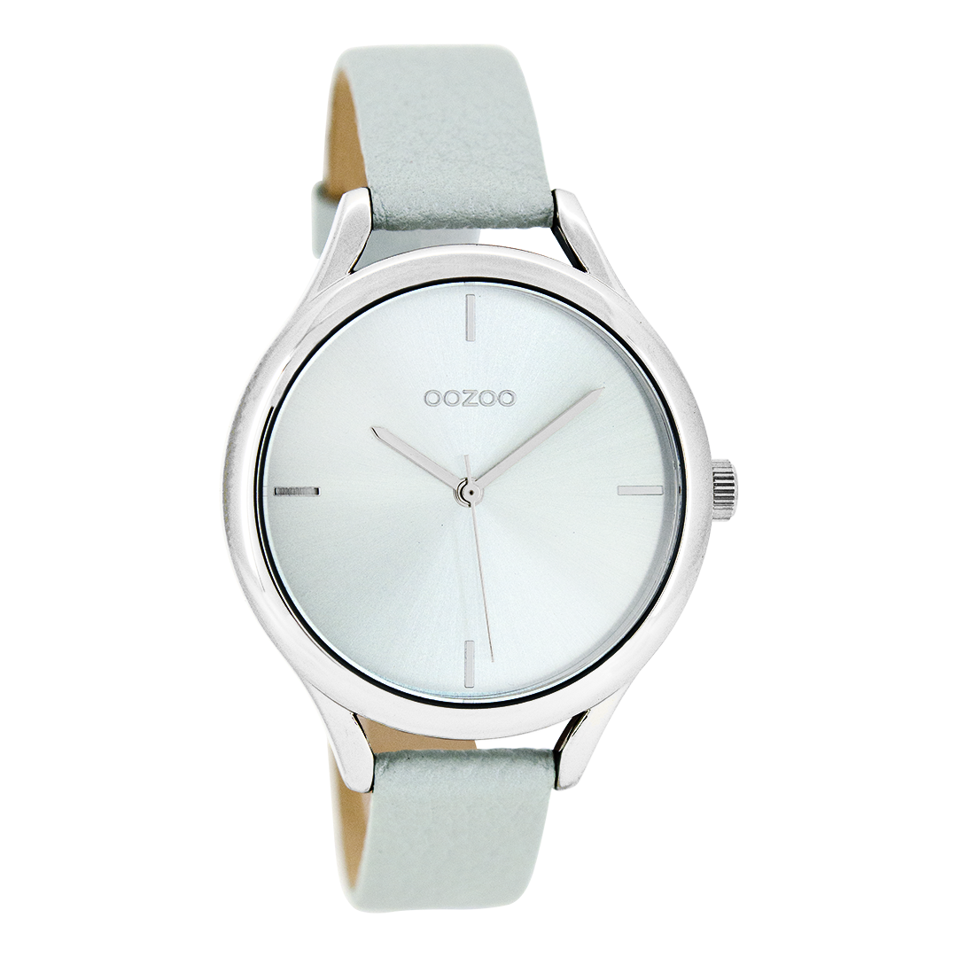 Zilverkleurige OOZOO horloge met licht blauwe leren band - C8346