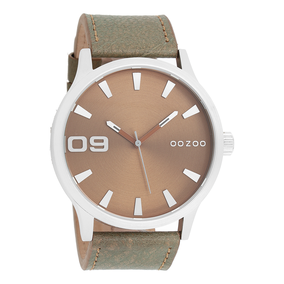 Silver coloured OOZOO watch with brown leather strap - C8530