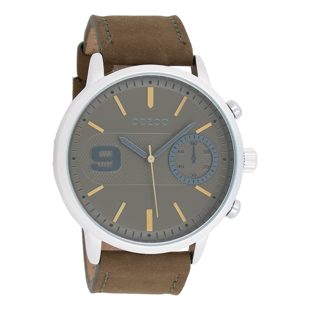 Silver coloured OOZOO watch with green leather strap - C8582