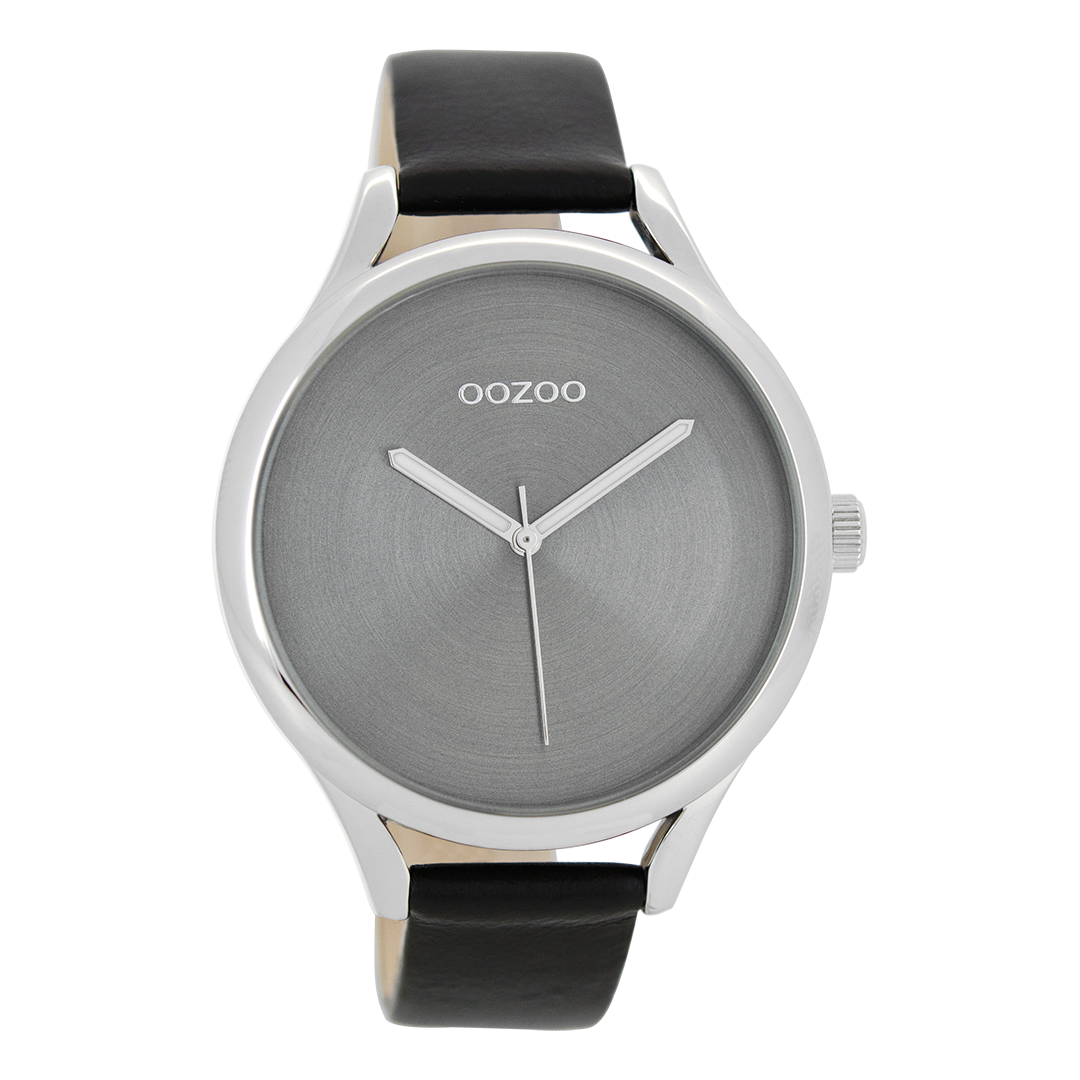 Silver coloured OOZOO watch with black leather strap - C8634