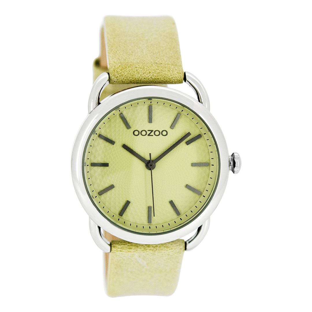 Silver coloured OOZOO watch with sand/light green leather strap - C8715
