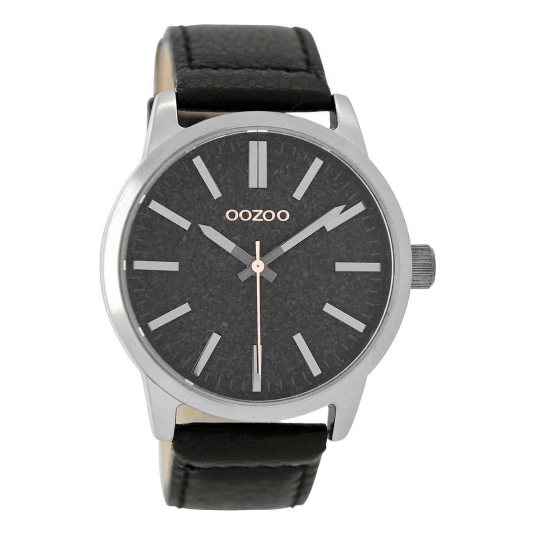 Silver coloured OOZOO watch with black leather strap - C9069