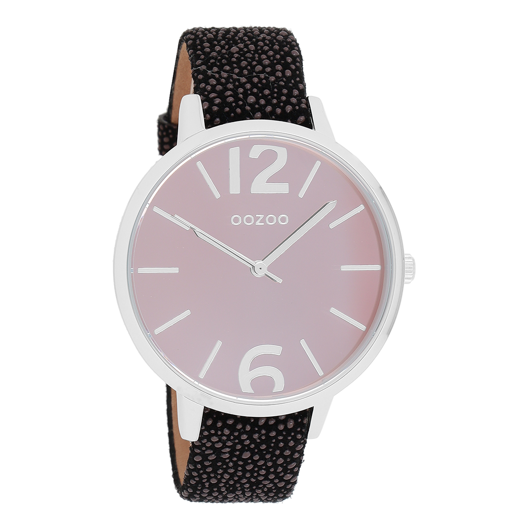 Silver coloured OOZOO watch with black leather strap - C9154