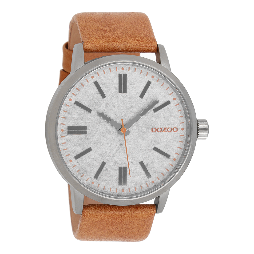 Silver coloured OOZOO watch with brown leather strap - C9405