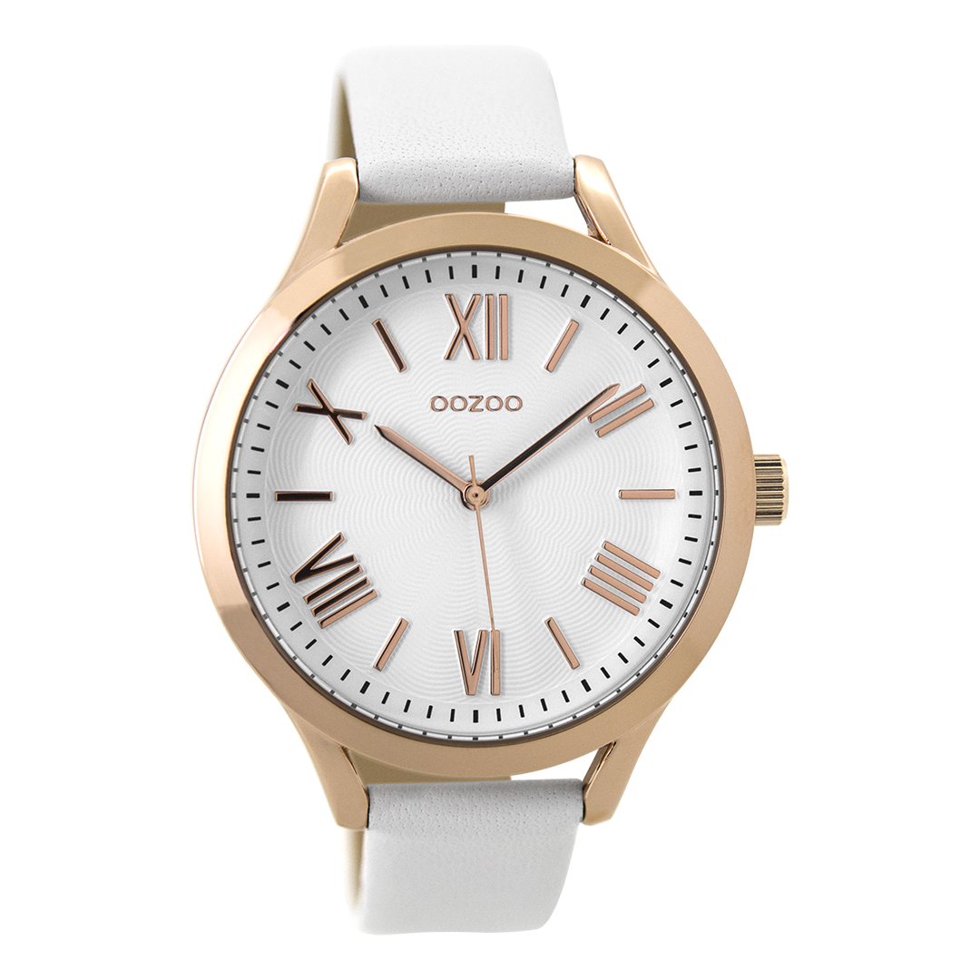 Rose gold coloured OOZOO watch with white leather strap - C9476