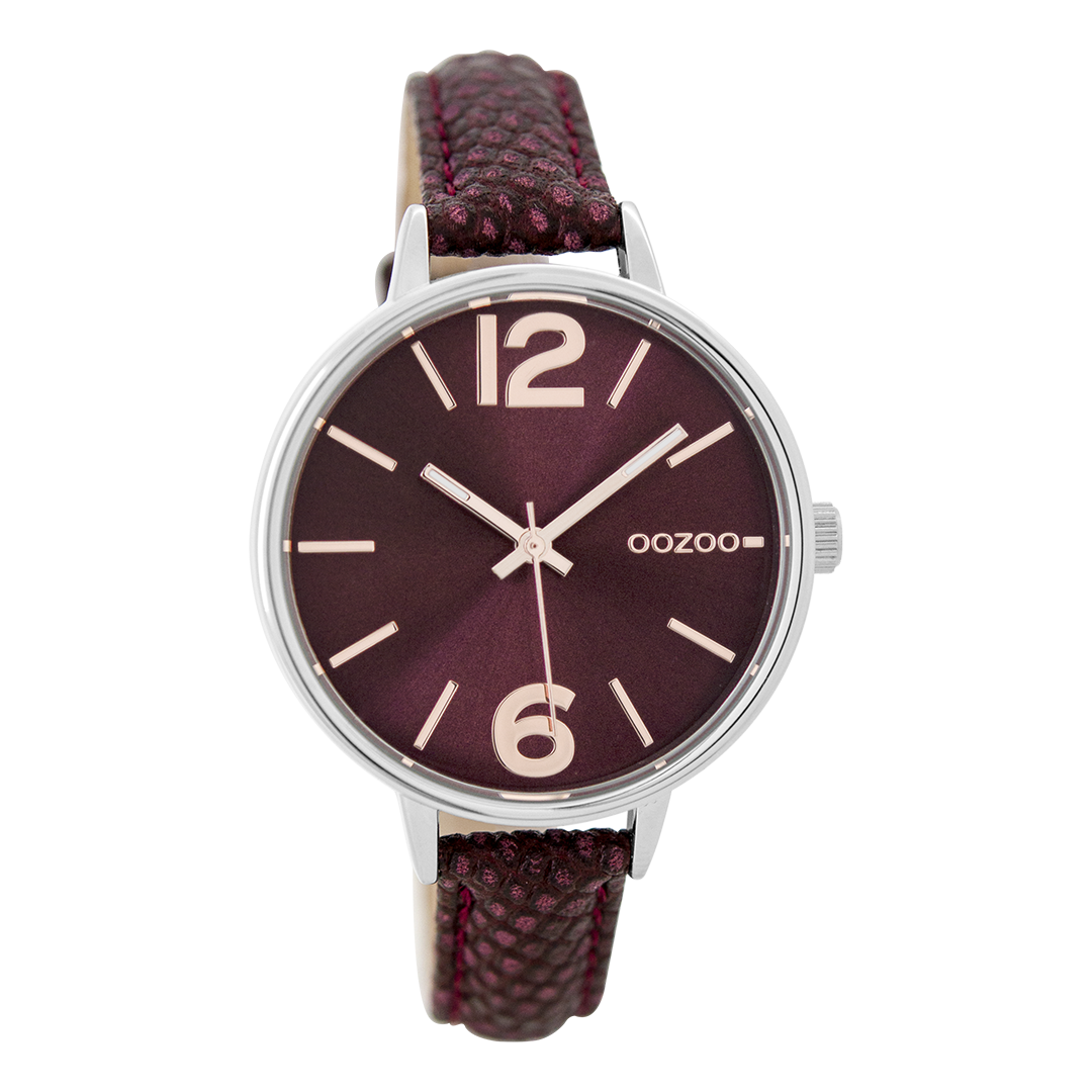 Silver coloured OOZOO watch with burgundy leather strap - C9482