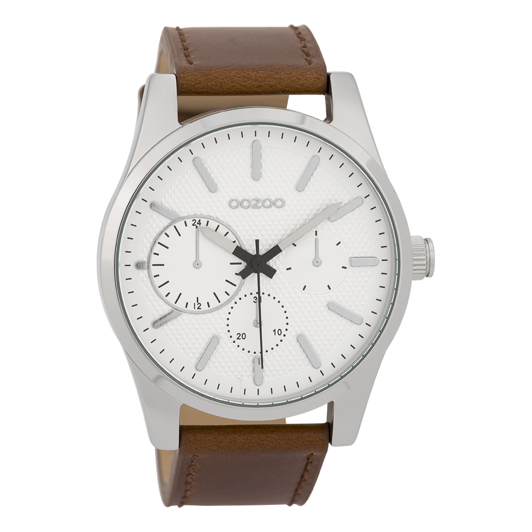 Silver coloured OOZOO watch with brown leather strap - C9616
