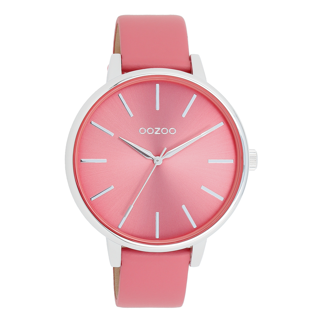 Silver coloured OOZOO watch with pink shell coloured leather strap - C11295