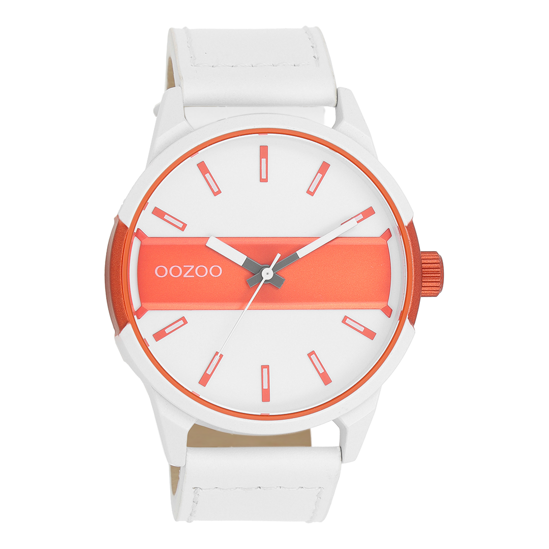 White/fluo orange OOZOO watch with white leather strap - C11316
