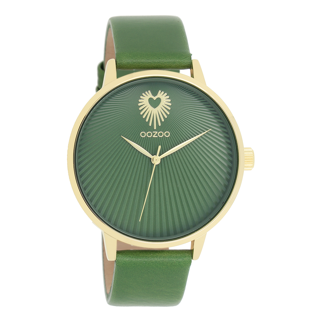 Gold coloured OOZOO watch with green leather strap - C11344