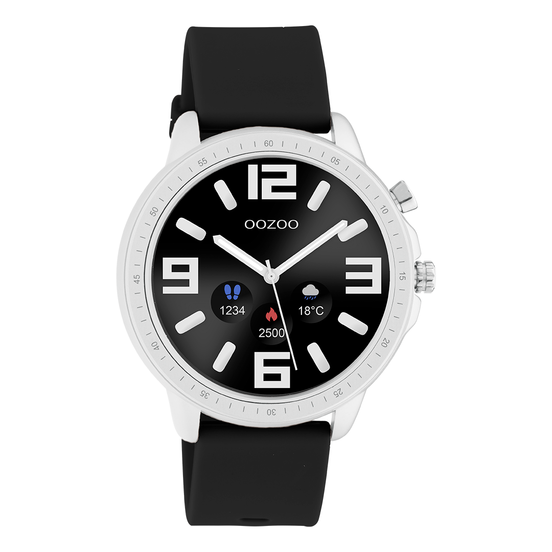 Silver coloured OOZOO smartwatch with black rubber strap Q00300