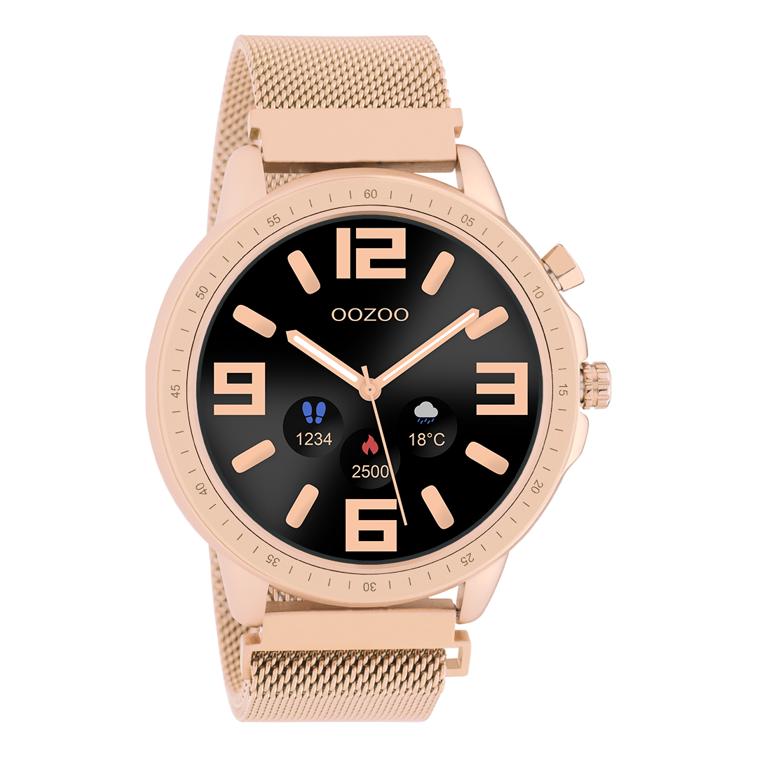 Rose gold coloured OOZOO smartwatch with rose gold coloured metal mesh bracelet Q00307